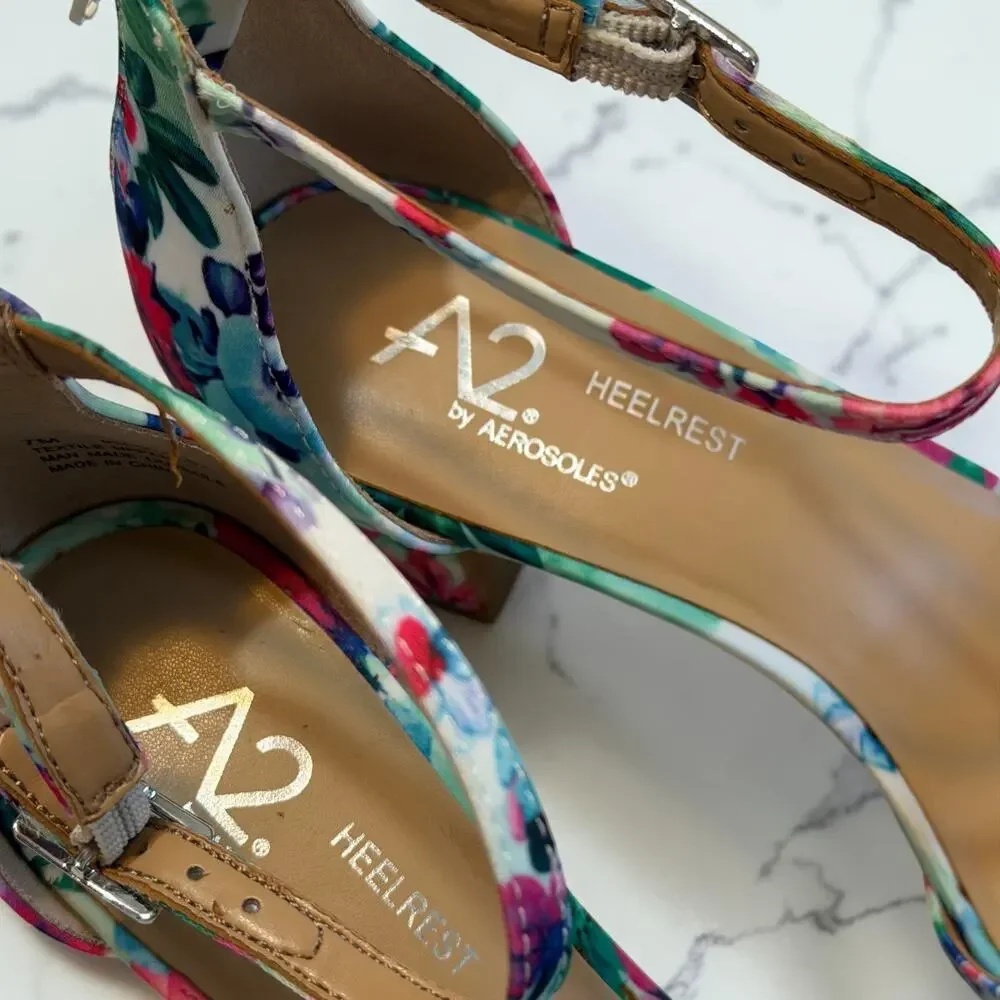 A2 by Aerosoles Bella Sandals 7M Watercolor Floral Block Heel Ankle Strap NIB
